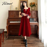 Tavimart Women Elegant Red Christmes Long Sleeve Party Dress Square Collar A - Ling Ruffle Birthday