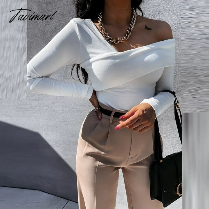 Tavimart Women Elegant Solid Autumn Pullover Blouse Sexy V - Neck Off Shoulder Full Sleeve Top
