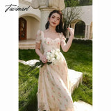 Tavimart Women Elegant Summer Floral Print Holiday Beach Dress Suqare Collar Midi Patchwork Prom