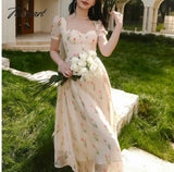 Tavimart Women Elegant Summer Floral Print Holiday Beach Dress Suqare Collar Midi Patchwork Prom