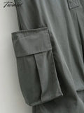 Tavimart Women Fall High Waist Cargo Pocket Drawstring Pants Straigth Trousers