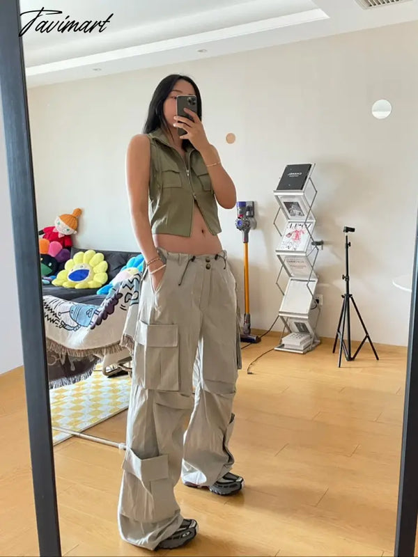 Tavimart Women Fall High Waist Cargo Pocket Drawstring Pants Straigth Trousers