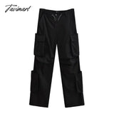 Tavimart Women Fall High Waist Cargo Pocket Drawstring Pants Straigth Trousers Black / S