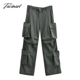 Tavimart Women Fall High Waist Cargo Pocket Drawstring Pants Straigth Trousers Gray / S