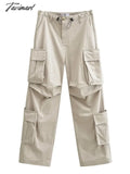 Tavimart Women Fall High Waist Cargo Pocket Drawstring Pants Straigth Trousers Khaki / S
