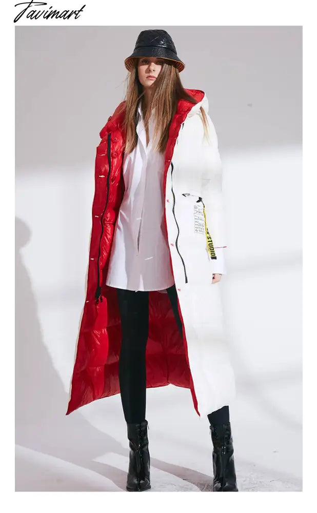 Tavimart Women Fashion Double Size Winter Warm Down Coat Lady Long 90% White Jacket Female Red