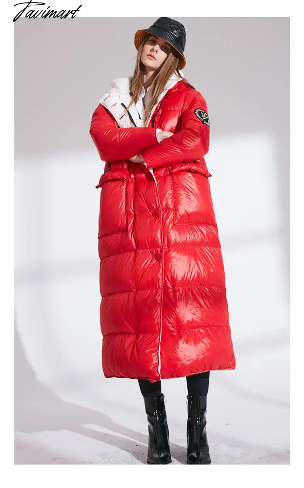 Tavimart Women Fashion Double Size Winter Warm Down Coat Lady Long 90% White Jacket Female Red