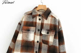 Tavimart Women Fashion Overshirts Oversized Checked Woolen Jacket Coat Vintage Pocket Asymmetric