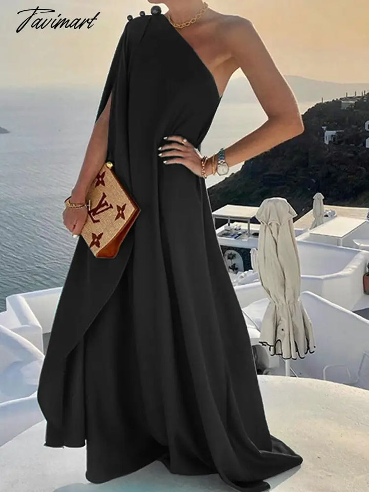 Tavimart Women Fashion Solid One Shoulder Long Dress Summer Holiday Di tavimart Tavimart Women Fashion Solid One Shoulder Long Dress Summer Holiday Di tavimart