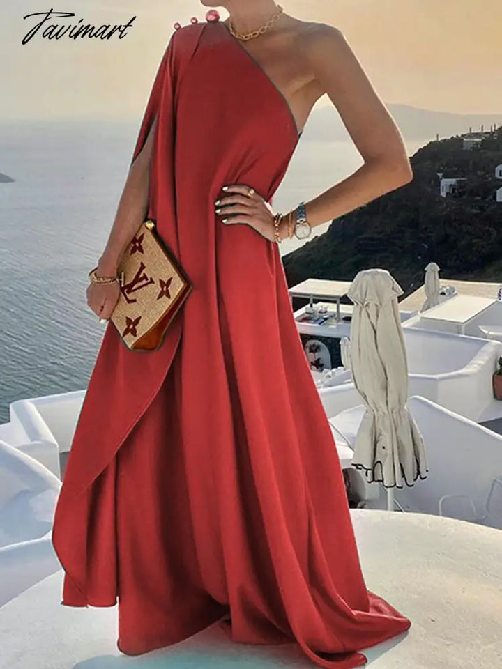 Tavimart Women Fashion Solid One Shoulder Long Dress Summer Holiday Di tavimart Tavimart Women Fashion Solid One Shoulder Long Dress Summer Holiday Di tavimart