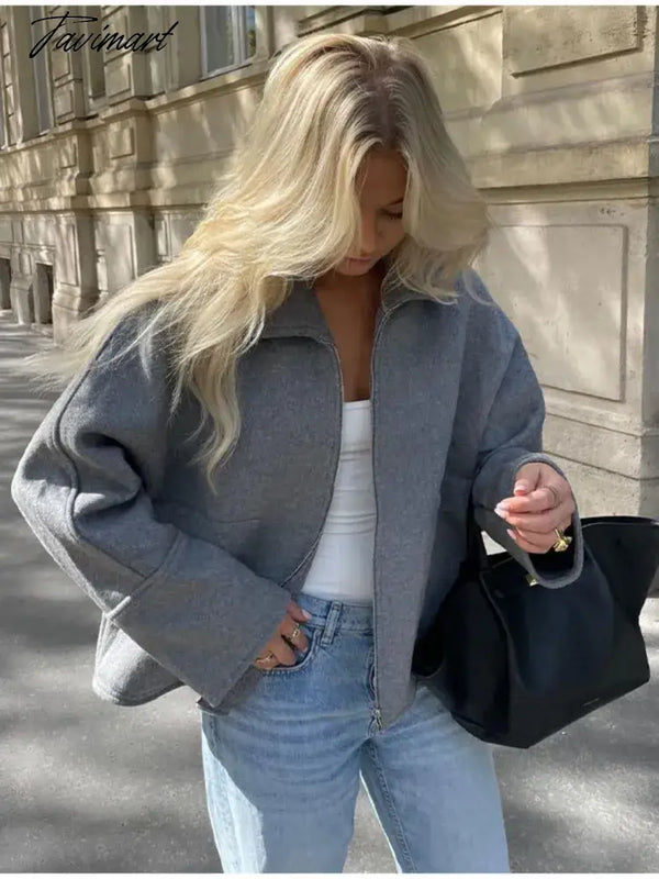 Tavimart - Women Grey Lapel Patchwork Zipper Coat Long Sleeve Oversized Loose Autumn Jacket Chic