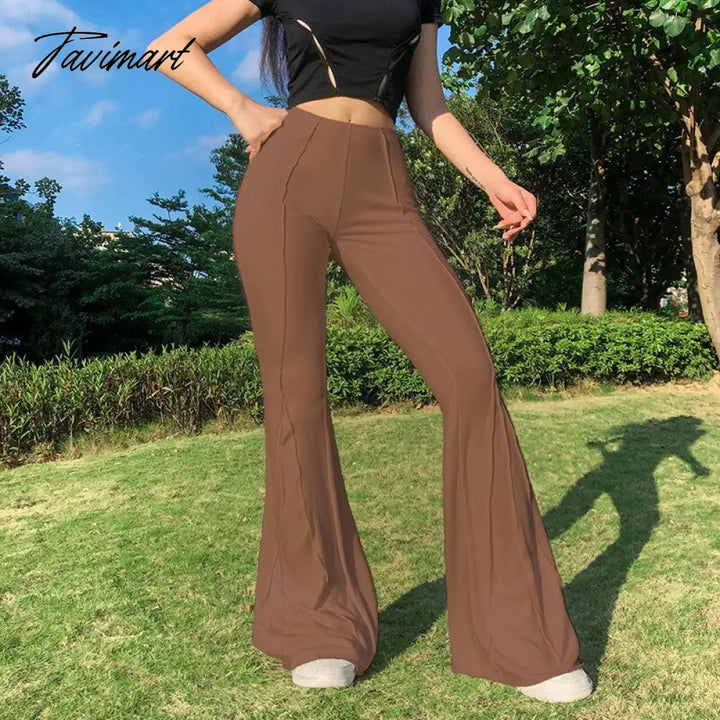 Tavimart Women High Waist Elastic Wide Leg Flare Pants Casual Ladies Solid Bell - Bottomed Trousers