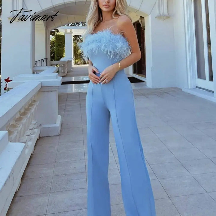 Tavimart Women Jumpsuits Tube Top Feathers Patchwork Boot Cut One Piece Outfit Trousers Elegant