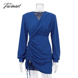 Tavimart Women Klein Blue Spring Dress Drawstring Skirt V - Neck Sexy Long Sleeve High Waist