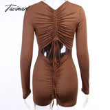 Tavimart Women Lace Drawstring Pleated Bodycon Playsuits Sexy Hollow Out Backless Long Sleeve