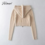 Tavimart Women Letters Front Fluffy Hooded Crop Cardigan With Double Zip