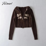 Tavimart Women Letters Front Fluffy Hooded Crop Cardigan With Double Zip