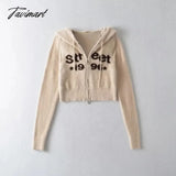 Tavimart Women Letters Front Fluffy Hooded Crop Cardigan With Double Zip Beige / S