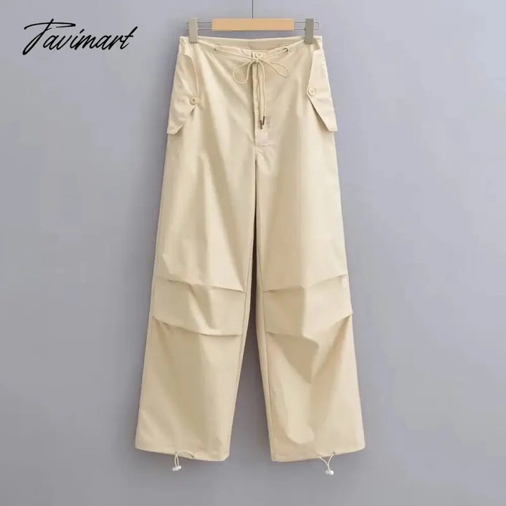 Tavimart Women Light Weight Cargo Trousers With Tie Waist And Cuff Detail 6 Colors Beige / Xs