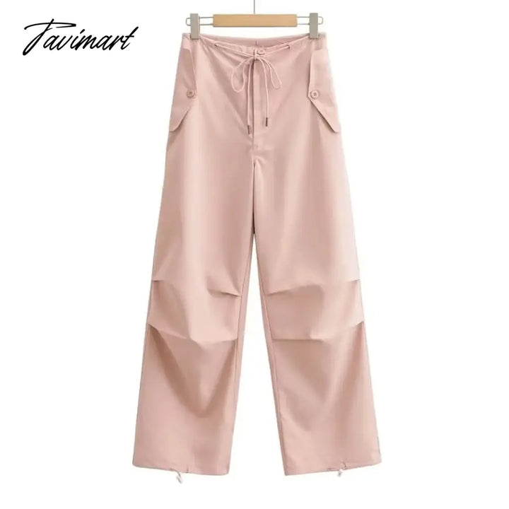 Tavimart Women Light Weight Cargo Trousers With Tie Waist And Cuff Detail 6 Colors Pink / Xs