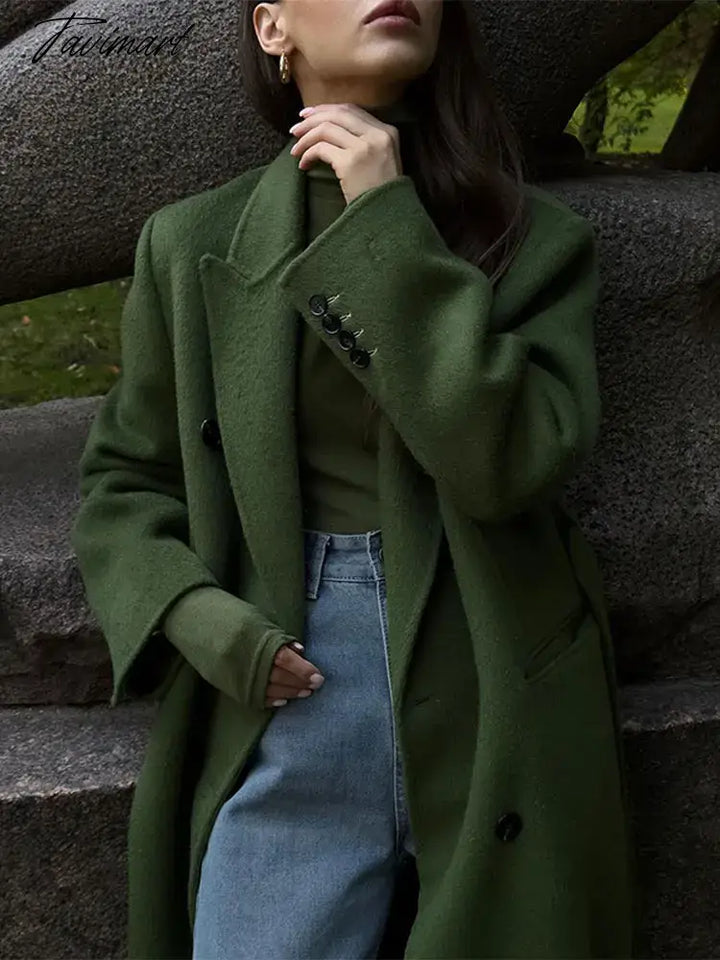 Tavimart Women Long Woolen Blends Overcoats Coat Fashion Belt Single Breasted Lapel Autumn Winter