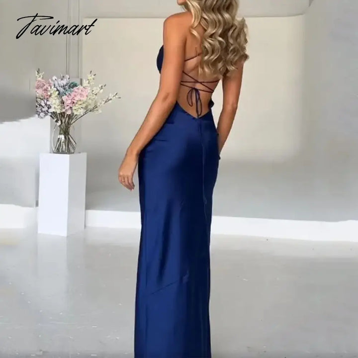 Tavimart Women Maxi Dress Summer Sexy Solid Suspender Square Neck Sleeveless Slit Backless Lace Up