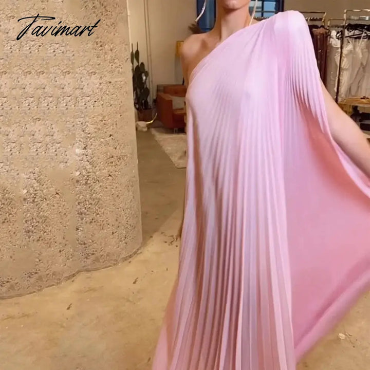 Tavimart Women Maxi Dress Trendy One Shoulder Solid Pink Irregular Pleated Batwing Sleeve Loose