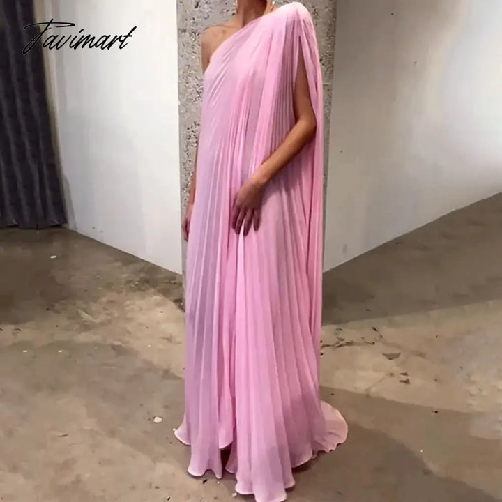 Tavimart Women Maxi Dress Trendy One Shoulder Solid Pink Irregular Pleated Batwing Sleeve Loose