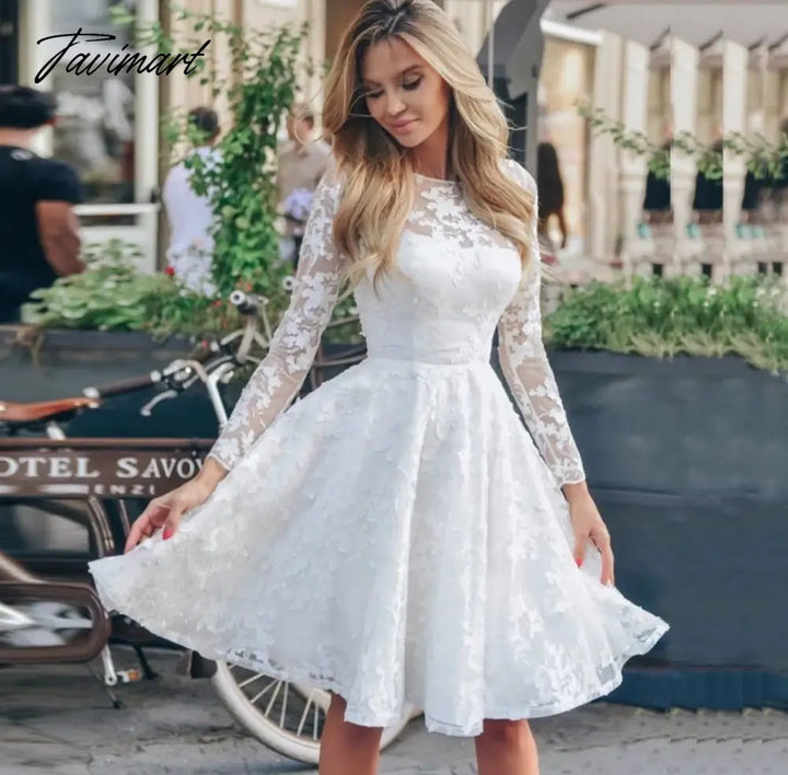 Tavimart Women Midi Dress Sexy White Lace Hook Flower Hollow Patchwork Boho Long Sleeve Dresses For