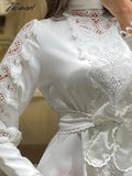 Tavimart Women Midi Dress Sexy White Lace Hook Flower Hollow Patchwork Boho Long Sleeve Dresses For