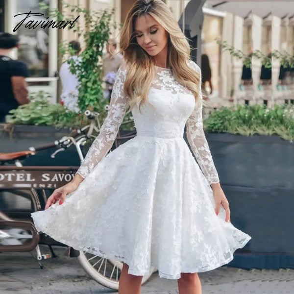 Tavimart Women Midi Dress Sexy White Lace Hook Flower Hollow Patchwork Boho Long Sleeve Dresses For