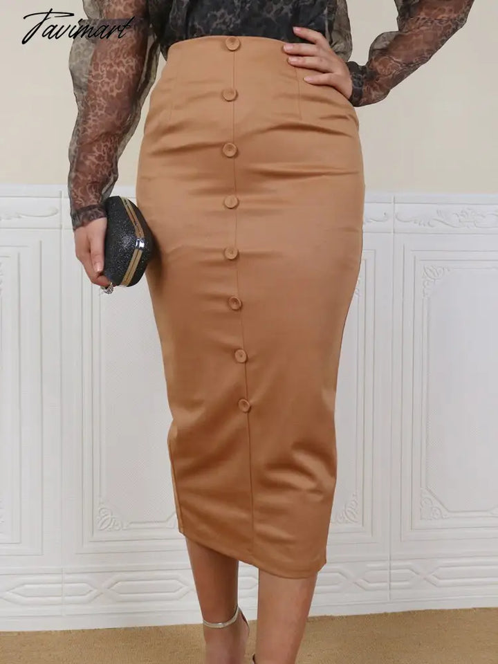 Tavimart Women Midi Pencil Skirt Elegant High Waist Buttons Classy Khaki Elastic Bodycon Retro