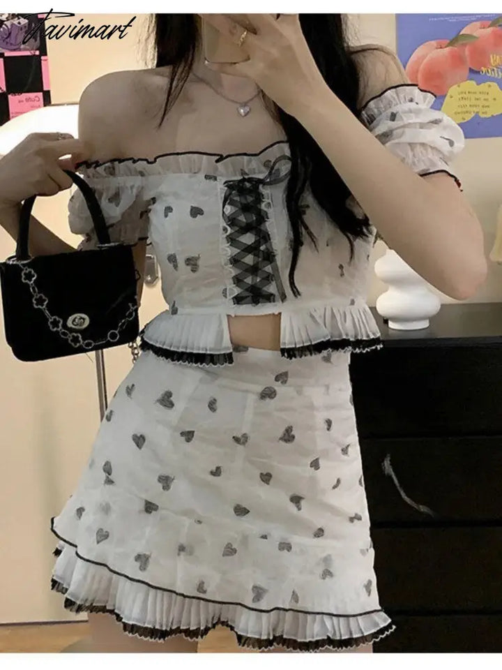 Tavimart Women Midriff Puff Sleeve Kawaii Mini Skirt Set Female Korean Fashion Slim Fit Suit Summer