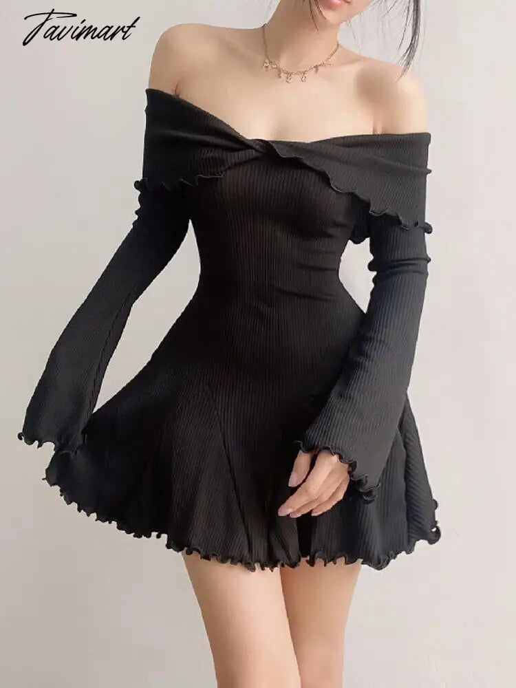 Tavimart Women Mini Dress Rib Knit Solid Color Off Shoulder Long Sleev tavimart Tavimart Women Mini Dress Rib Knit Solid Color Off Shoulder Long Sleev tavimart