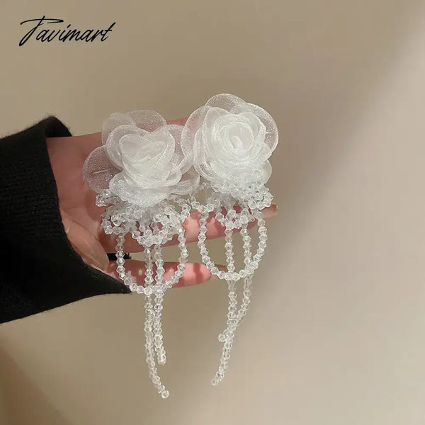 Tavimart Women New Exaggerated Black White Rose Flower Crystal Tassel Earrings Fashion Jewelry