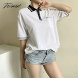 Tavimart Women Oversized Short Sleeve Polo T - Shirt With Contrast Tipping