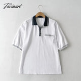 Tavimart Women Oversized Short Sleeve Polo T - Shirt With Contrast Tipping White / S