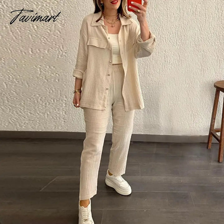 Tavimart Women Pant Sets Long Sleeve Turn Down Collar Button Shirt Loose Wide Leg Trouser Suit