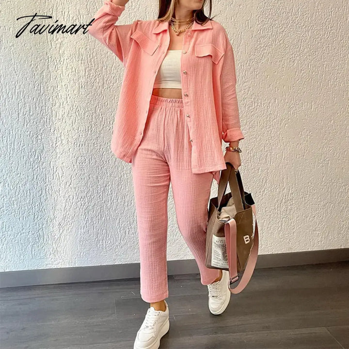 Tavimart Women Pant Sets Long Sleeve Turn Down Collar Button Shirt Loose Wide Leg Trouser Suit