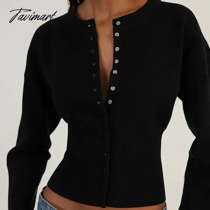 Tavimart Women Ribbed Knit Cardigan T - Shirt Long Sleeve O - Neck Slim Fit Button Crop Top New