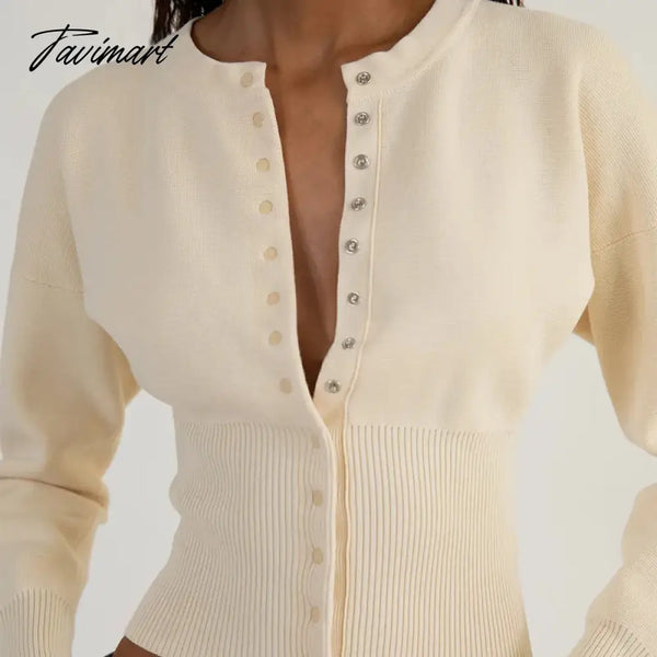 Tavimart Women Ribbed Knit Cardigan T - Shirt Long Sleeve O - Neck Slim Fit Button Crop Top New