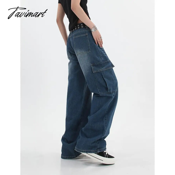 Tavimart Women’s Blue Vintage Cargo Jeans High Waist Straight Mopping Pants Fashion Casual Baggy