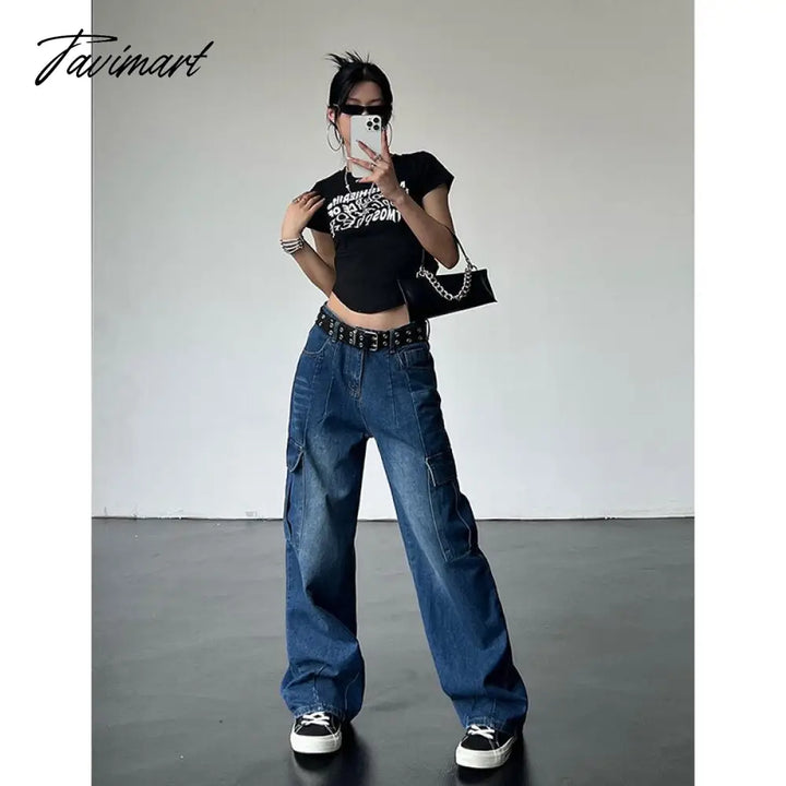 Tavimart Women’s Blue Vintage Cargo Jeans High Waist Straight Mopping Pants Fashion Casual Baggy