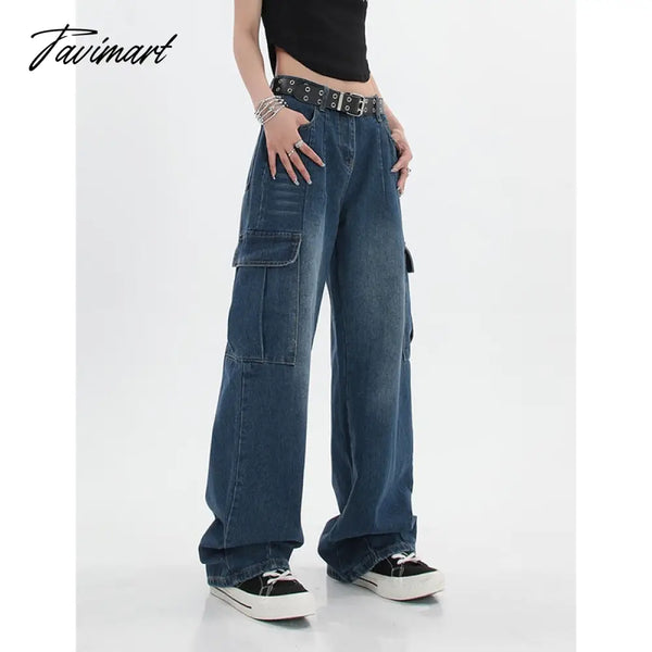 Tavimart Women’s Blue Vintage Cargo Jeans High Waist Straight Mopping Pants Fashion Casual Baggy