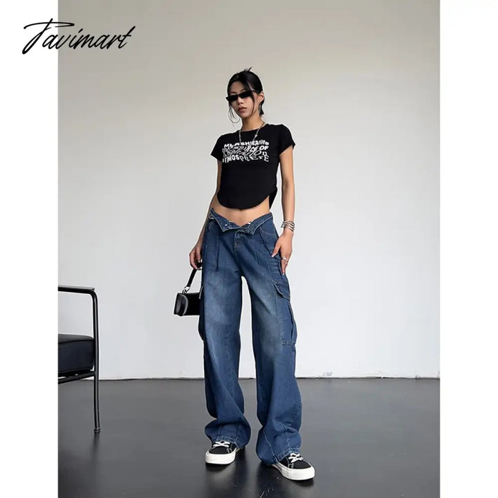 Tavimart Women’s Blue Vintage Cargo Jeans High Waist Straight Mopping Pants Fashion Casual Baggy