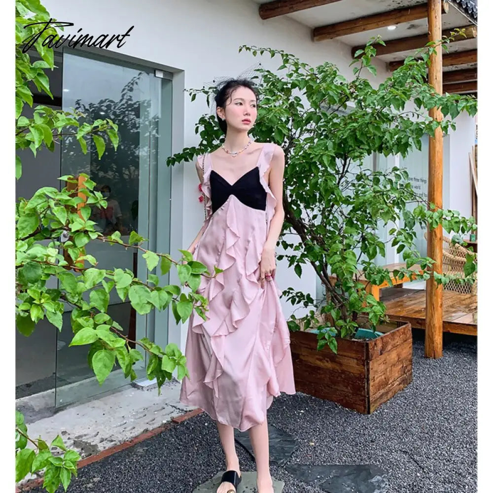 TAVIMART  -  Sexy Ribbon Sling Split Long Dress Women Yellow V-neck Sleeveless Backless Pleated Dresses 2025 Summer Lady Beach Holiday Robe