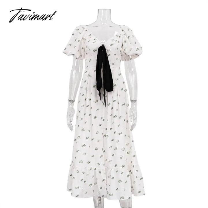 Tavimart Women’s Floral Print White Dress 2024 V - Neck Puff Sleeve Lace - Up High Waist Tunics