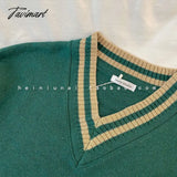 Tavimart Women’s Green Vintage Knitting Sweater V Neck Letter Embroidery Long Sleeve Casual