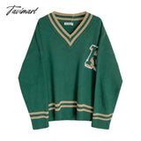 Tavimart Women’s Green Vintage Knitting Sweater V Neck Letter Embroidery Long Sleeve Casual