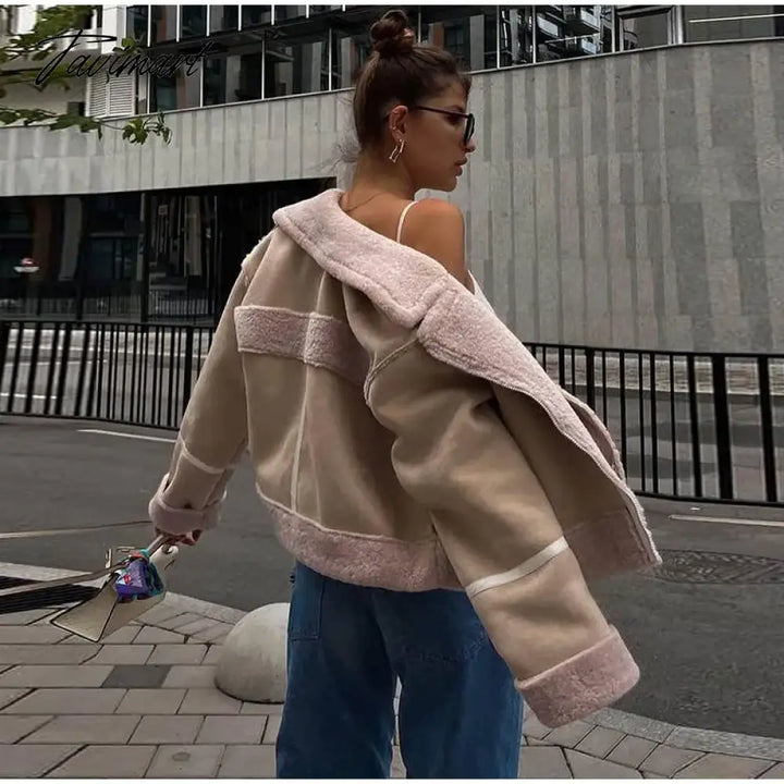 Tavimart Women’s Patchwork Faux Wool Lamb Jackets Zipper Pockets Short Fleece Cotton Coat Female